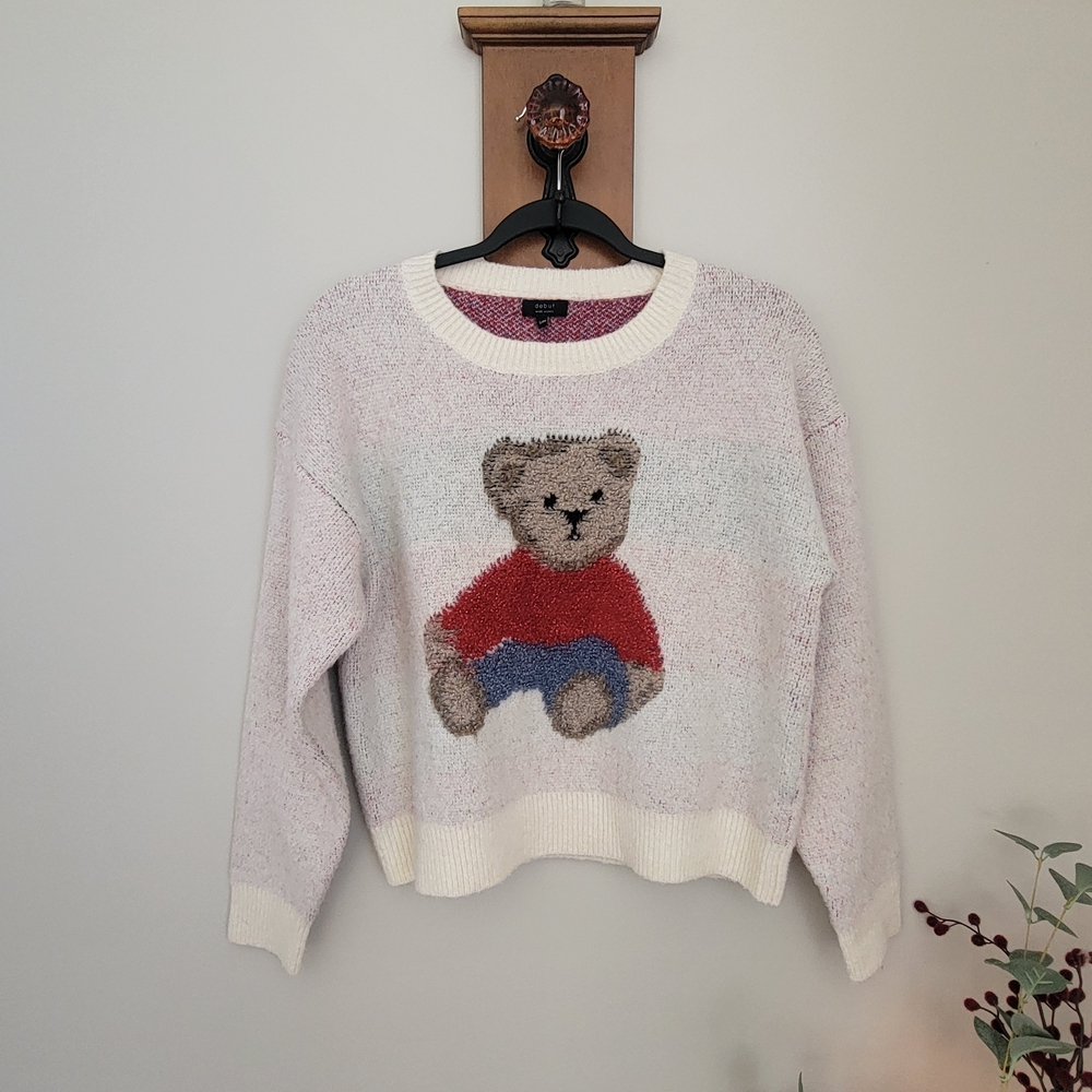 debut Teddy Bear Graphic Crewneck Sweater - Light Pink, Red & Blue Size S